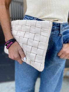 Vegan leather woven clutch with detachable strap. Cape Outfit, Woven Clutch, Vintage Slip Dress, Vintage Jumpsuit, Perfect White Tee, Bow Belt, Vintage Slips, Leather Weaving, Lingerie Accessories