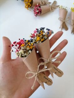 a hand is holding some flowers in small cones