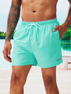 Mint Blue Boho Collar  Fabric Letter Bottoms Embellished Non-Stretch  Men Clothing Mens Bathing Suits, Fabric Letters, Men Beach, Mint Blue, Beach Shorts, Men Clothing, Swim Trunks, Fashion Online Shop, All Fashion