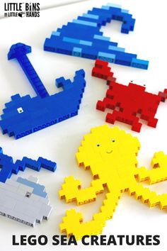 the lego sea creatures are all made out of legos and have different colored shapes