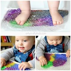 a collage of photos shows a baby playing with water beads