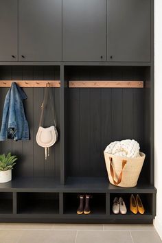 an image of a mudroom design with shoes and bags on the shelf next to it