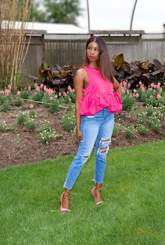 Stylish hot pink ruffled blouse skirt and set Features an asymmetrical ruffled hem Pair with our Tropical Tie Summer Sandals for a fashion forward look Fast and free shipping in the United States! Item will arrive within 3-5 days. Feminine Pink Peplum Blouse, Spring Night Out Blouse With Ruffle Hem, Spring Ruffle Hem Blouse For Night Out, Pink Peplum Blouse For Summer, Flirty Pink Summer Blouse, Flirty Pink Ruffled Tops, Flirty Pink Top With Ruffle Hem, Trendy Pink Blouse With Ruffles, Pink Party Blouse With Ruffle Hem