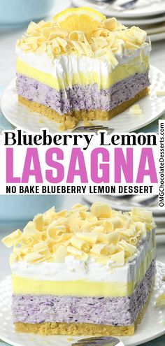 blueberry lemon lasagna cake on a white plate with the title above it