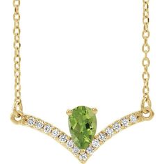 14KT Gold .48 CT Pear Shape Peridot and .08 CTW Round Brilliant Diamond Accent "V" Bar Necklace. 16" Cable Link Chain With Spring Ring Clasp. Available in White, Yellow Or Rose Gold. Brilliant Diamond, Bar Necklace, 14kt Gold, Pear Shape, Link Chain, Round Brilliant, Or Rose, Pear, Cable