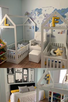 two photos of a child's room with bunk beds and toys in it, one is