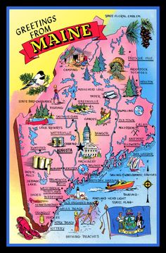 a map of maine with the words greetings from maine