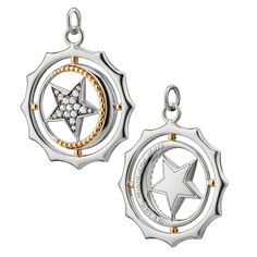 "Defy gravity!" This elegant two-tone Sun, Moon, & Stars charm will empower and inspire you every day. Sterling Silver with 18K Solid Gold Available without a chain, 30" Gold Chain, 32" Silver Chain or 32" Black Steel Chain Set with white sapphires Engraved with "My Sun, Moon and Stars" Charm measures 1" in diameter Wear alone, as a layered necklace, or added to your Monica Rich Kosann Charm Bracelet! My Sun Moon And Stars, Monica Rich Kosann Jewelry, Sun Jewelry, Mom Pendant, Sun Moon And Stars, Monica Rich Kosann, Purple Jewelry, Gold Sun, Locket Charms