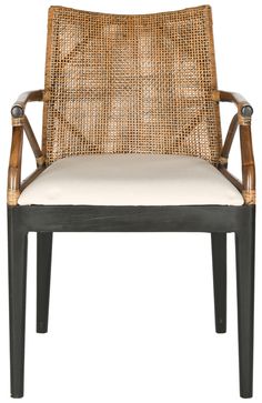 a chair that is made out of wood and rattan with a white seat cushion