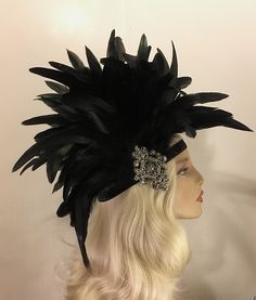 "1920s Flapper, Great Gatsby, Black Gatsby Headpiece, Flapper Headband, Jazz Age, Roaring 20s, Rhinestone Feather Headdress, 1920s, NYE Absolutely stunning headpiece! This is a large dramatic piece, do not wear if you don't want to be the center of attention ; ~) Headbands are handmade, hand stitched, (machine stitched for larger feathers) not held together with only glue so you don't have to worry about it heating up and falling apart. With proper storage they will last for many years. *store f Black 1920s Flapper Dress For Costume Party, Black Flapper Dress For Costume Party, Black Gatsby Flapper Dress For Vintage Events, Black Art Deco Flapper Dress, Vintage Black Headpieces For Costume Party, Black Flapper Headpieces For Party, Black Flapper Dress For Wedding, Elegant Black Flapper Dress For Costume, Black Flapper Headpiece For Costume Party