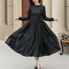 "Revamp your wardrobe with this chic black dress, perfect for the spring season! It's all about the details, with its eye-catching button design, this black dress never goes out of style. It's a staple spring fashion piece that adds an elegant twist to your look, making it ideal for both casual and formal occasions.  DETAIL * 100% linen fabric * Collared neck * Two side pockets * Right side zipper * Length below the knee * Long sleeve dress * Button up dress * Midi dress * Swing dress * Black Dr One Piece Dress Knee Length, Chic Black Dress, Dr Closet, Black Linen Dress, Custom Dress, Dress Pleated, Dress Spring, Button Up Dress, Dress Midi