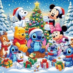 mickey mouse and other disney characters around a christmas tree with presents in front of them