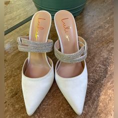 Perfect Satin Wedding Mule W/ 4.2 Inch Heel Glamorous White Wedding Shoes With 4-inch Heel, White Almond Toe Heels For Events, Glamorous White Heels For Prom, White Heel Strap Heels For Prom, White Heels With Heel Strap For Prom, Glamorous White Almond Toe Heels, White Pointed Toe Evening Wedding Shoes, White Wedding Shoes With 4-inch Heels For Party, White Closed Toe Heels For Events