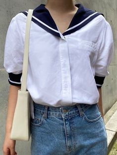 This sailor marine blouse that will last you for years to wear. Featuring with a puff-sleeve design and a sailor collar. Sailor Blouse Outfits, Sailor Inspired Fashion, Sailor Collar Outfit, Sailor Collar Blouse, Sailor Collar Dress, Desired Wardrobe, Sailor Blouse, Collar Outfits