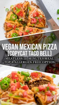 the mexican pizza is topped with meat and vegetables