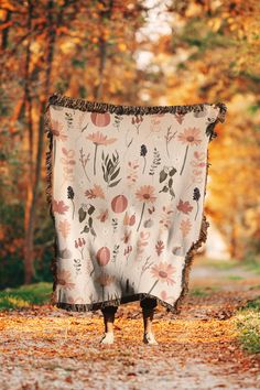 a blanket draped over a dirt road with trees in the background and leaves on the ground