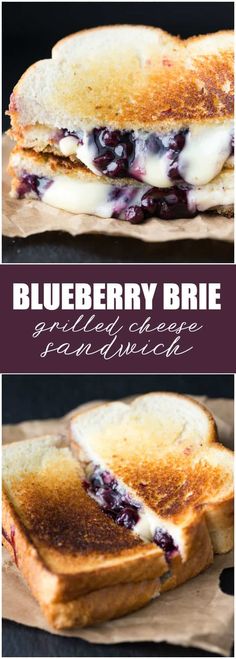 blueberry brie grilled cheese sandwich on parchment paper with the words, blueberry brie