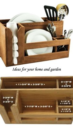 two wooden drawers with utensils in them and the words ideas for your home and garden