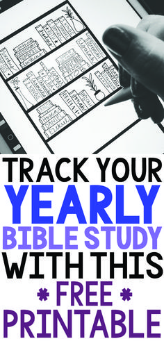 a hand holding a tablet with the text track your yearly bible study with this free printable