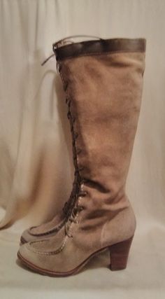 Frye Light Brown Suede Leather Lace up Knee High Heeled Boots Size 8.5B are pre-owned and in very good conditions. Please view all photos carefully as they are part of the item's description. Measurements, 18" tall, heel: 3", Width: 3" (ball of the boot), all measurements are approximate. Any questions please contact me thank you for stopping by. Brown Calf Boots, Light Brown Boots, Knee High Heels, High Heeled Boots, Brown Leather Heels, High Heel Boots Knee, Leather Heeled Boots, Calf Boots, Rubber Heels