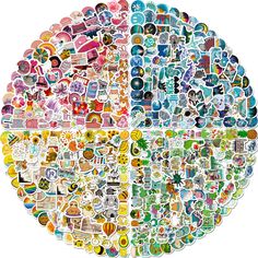 a circle made up of many different stickers on the same surface, all in different colors and shapes