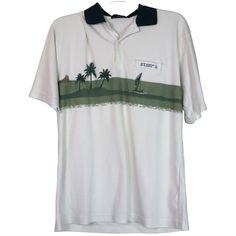 Forest green and white. 100% Cotton. St. Martin. XL Green Sporty Polo Collar Shirt, Sporty Green Golf Shirt, White Graphic Print Polo Shirt For Golf, White Golf Shirt For Summer, White Summer Golf Shirt, Green Polo Collar Tops For Golf, White Golf Shirt With Graphic Print, White Graphic Print Shirt For Golf, Casual Golf Polo Shirt With Graphic Print