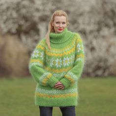 Ready to ship.   HAND-KNIT ICELANDIC MOHAIR SWEATER. Style: 100 % hand-knitted mohair sweater. Material: 70% premium class longhair mohair yarn. Color: Green, yellow and white. Design: Icelandic pattern. Neckline type: Turtleneck. Rib trim at hem, cuffs, and neck. Cleaning: Hand wash only. Body length, measured from the shoulder top to the bottom end: 29.5″ / 75 cm; Chest width, measured at the back, between the underarms: 21.7″ / 55 cm; Sleeve length, measured from the neckline to the end of th Green Mohair Crew Neck Sweater, Green Mohair Cozy Sweater, Cozy Green Mohair Sweater, Green Mohair Knitted Sweater, Green Mohair Winter Sweater, Mohair Yarn, Sweater Style, Mohair Sweater, Sweater Material