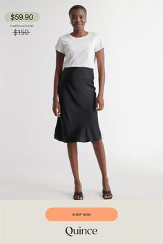 This washable silk skirt sports a modern midi length. It is made from 100% washable 19mm Mulberry silk satin. Pairs perfectly with just about every top.  | Quince | Women's 100% Washable Silk Skirt in Black, Size XS Versatile Relaxed Fit Skirt For Workwear, Casual Silk Lined Skirt, Casual Fitted Silk Bottoms, Fitted Silk Bottoms Casual Style, Fitted Silk Casual Skirt, Silk Fiber, Sports Skirts, Silk Skirt, Mulberry Silk