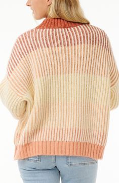 Muted hues dapple a cozy ribbed sweater knit from a wool-kissed blend in a relaxed silhouette. Crewneck Long sleeves Ribbed cuffs and hem 41% acrylic, 41% polyester, 9% wool, 9% polyamide Machine wash, dry flat Imported Cozy Striped Ribbed Sweater, Striped Soft Knit Sweater For Fall, Fall Striped Soft Knit Sweater, Ribbed Sweater For Cold Weather In Spring, Soft Knit Striped Sweater For Fall, Ribbed Spring Sweater For Cold Weather, Spring Ribbed Sweater For Cold Weather, Spring Striped Chunky Knit Sweater, Cozy Ribbed Sweater For Layering