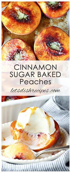 cinnamon sugar baked peaches with whipped cream on top