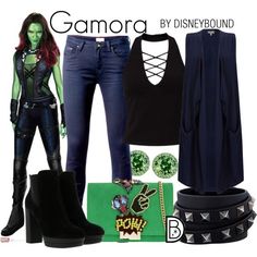 Disneybound  Marvel or Characters who wear/are green  Ideas: blue pleather pants, black rain boots, black converse jacket... Movie Clothes, Marvel Outfits, Jeans Earrings, Gamora Guardians, Marvel Inspired Outfits, Disney Character Outfits, Disney Bound Outfits Casual, Disney Gear, Marvel Fashion