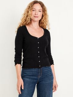 sweetheart neck long sleeves button front lettuce-edge trim slim fit hits below waist models are approx.  5'9" and wear sizes s (4), l (12), and xl (18)machine wash according to the care instruction label  . Best Holiday gift for Women , perfect Tops for Christmas! Navy Button-up Winter Tops, Black Knit Button-up Top, Fitted Black Cardigan With Button Closure, Black Fitted Cardigan With Button Closure, Classic Navy Button-up Top, Old Navy Women, Sweetheart Neck, Black Button, Navy Tops