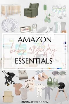 the words amazon baby nursery essentials are overlaid with images of furniture and accessories