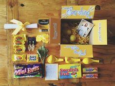 an assortment of candy and candies laid out on a table