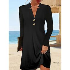 Season:Spring,Fall; Fabric:Polyester; Sleeve Length:Long Sleeve; Gender:Women's; Style:Elegant; Elasticity:Stretchy; Occasion:Date,Vacation; Fit Type:Regular Fit; Dresses Type:Black Dress; Design:Buttons; Neckline:V Neck; Listing Date:10/15/2024; Dress Length Type:Mini Dress; Print Type:non-printing Black Dress Mini, Going Out Fashion, Women's Black Dress, Casual Dress Black, Plain Dress, Mini Dresses Online, Black Dresses Casual, Womens Black Dress, Dress Mini