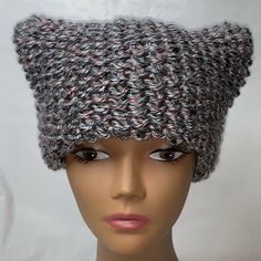 Handknit Cat Ears Hat In Silky Gray/Mauve Yarn Pink Winter Hat With Cat Ears, Pink Cat Ears Hat For Winter, Pink Knitted Acrylic Hat, Pink Knit Hat One Size, One Size Pink Knit Hat, One-size Pink Knit Hat, Ears Hat, Cat Ears Hat, Women Of Faith