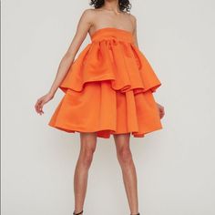 Iso Persimmon (Orange Colored) Rotate Carmina Ruffled Crepe Dress In A Us 4 Or 2 Elegant Orange Ruffled Dresses, Orange Ruffled Evening Dress, Fitted Orange Dress With Ruffles, Chic Orange Dresses With Ruffles, Orange A-line Evening Dress, Elegant Orange Mini Dress With Ruffles, Strapless Orange Mini Dress For Spring, Orange Ruffled Mini Dress For Cocktail, Orange Ruffled Mini Dress