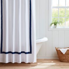 Revitalize your bathroom space with the sophistication and reliability of Allen + Roth polyester shower curtains. Choose from a wide range of traditional and trendy design that effortlessly complement any décor, with the convenience of machine washable easy care fabric. allen + roth 72-in W x 72-in L Navy and White Solid Mildew Resistant Polyester Shower Curtain | BORDER-400-106 Trendy Shower Curtains, Curtain Border, Trendy Shower Curtain, Wet Room, Allen Roth, Bath Faucet, White Solid, Wet Rooms, Bathroom Space