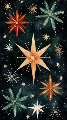 a painting of stars and snowflakes on a black background