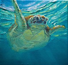 a painting of a turtle swimming in the ocean