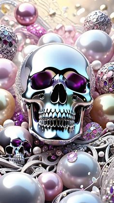 an image of a skull surrounded by pearls and other things that are in the background