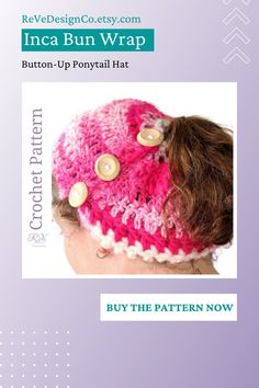 a crocheted hat with buttons on it and the text, buy the pattern now