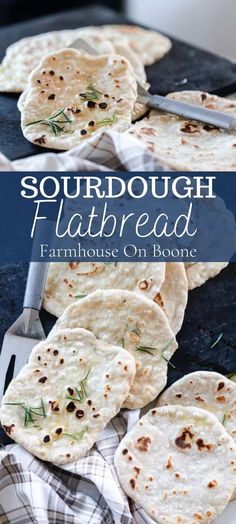 four flatbreads on a plate with a knife and fork in the foreground text reads sourdough flatbread farmhouse on bone