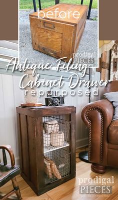 an old trunk is turned into a cabinet for repurposed furniture and other items