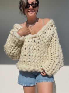 Oversize Chunky Sweater,100% Wool Sweater, V Neck Sweater, Hand Knit Sweater, Oversized Jumper Chunky Knit Winter Sweater, Chunky Knit Sweater For Winter, Chunky Oversized Winter Sweater, Cozy Chunky Long Sleeve Sweater, Oversized White Cropped Sweater, Oversized White Cropped Sweater In Cozy Style, White Oversized Cozy Cropped Sweater, Oversized Cozy White Cropped Sweater, Oversized White Knitted Cropped Sweater