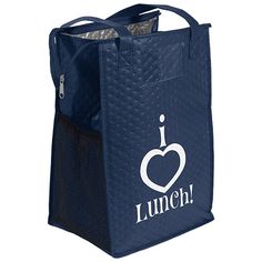 a green lunch bag with the words i love lunch on it and a white heart