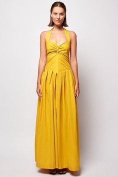 Ruched Halter Neck Maxi Dress For Gala, Spring Gala Maxi Dress With Ruched Back, Fitted Bodice Ruched Halter Dress, Summer Party Halter Dress With Gathered Neckline, Summer Evening Maxi Dress With Ruched Back, Elegant Ruched Yellow Maxi Dress, Elegant Yellow Ruched Maxi Dress, Summer Gala Dress With Ruched Back, Halter Neck Maxi Dress With Ruched Back For Gala