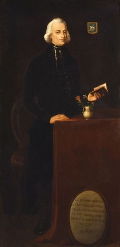 a painting of a man sitting at a desk with a book and pen in his hand