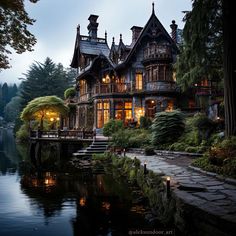 a large house sitting on top of a lake next to a lush green forest covered hillside