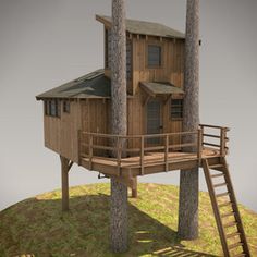 a tree house on top of a hill with two trees in the foreground and stairs leading up to it